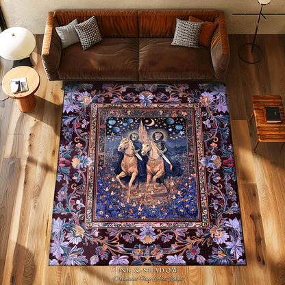 Victorian Gothic Pastel Skeletons Area Rug | Dark Academia Gothic Lavender Purple Castle Fantasy Bedroom Accent Ethereal Horsemen Haunted |