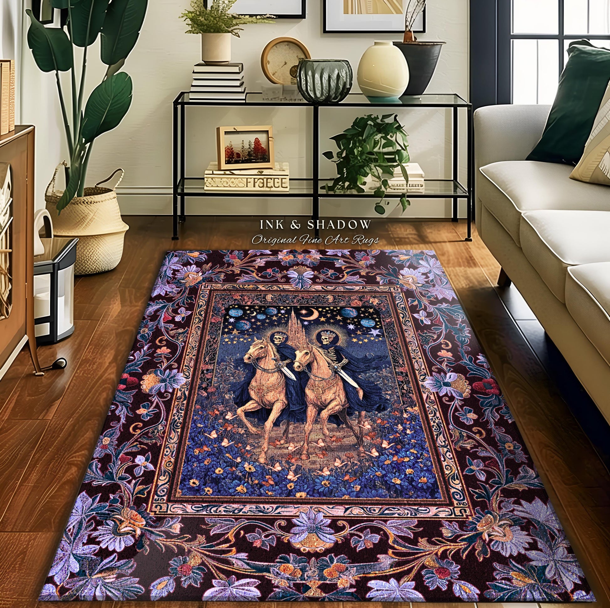 Victorian Gothic Pastel Skeletons Area Rug | Dark Academia Gothic Lavender Purple Castle Fantasy Bedroom Accent Ethereal Horsemen Haunted |