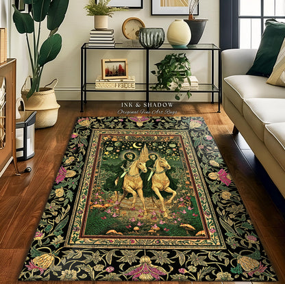 Royal Skeleton Riders Area Rug | Gothic Horsemen Crowned Skeleton Couple Baroque Fantasy Floral Greenery Celestial Whimsical Bedroom Accent