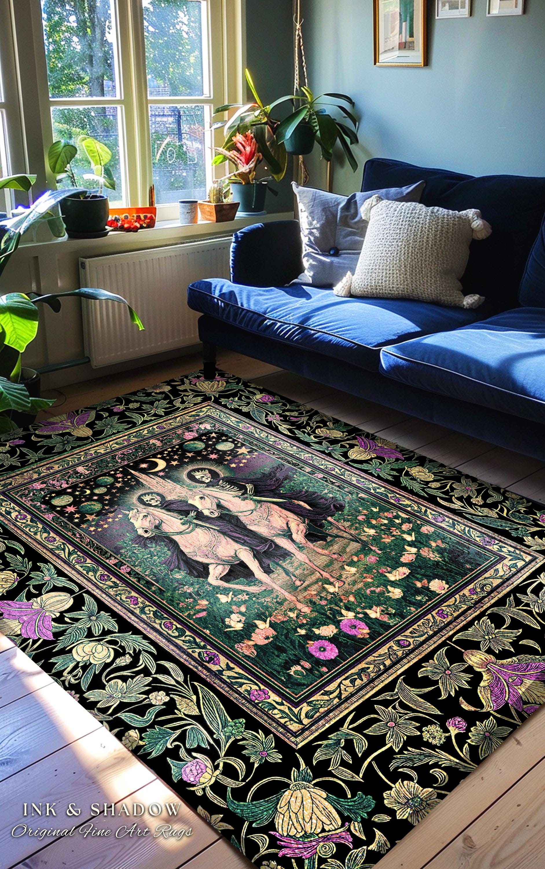 Floral Haunted Garden Skeleton Area Rug | Macabre Baroque Fantasy Aesthetic Gothic Horsemen Celestial Lovers Dark Fairytale Bedroom Accent |