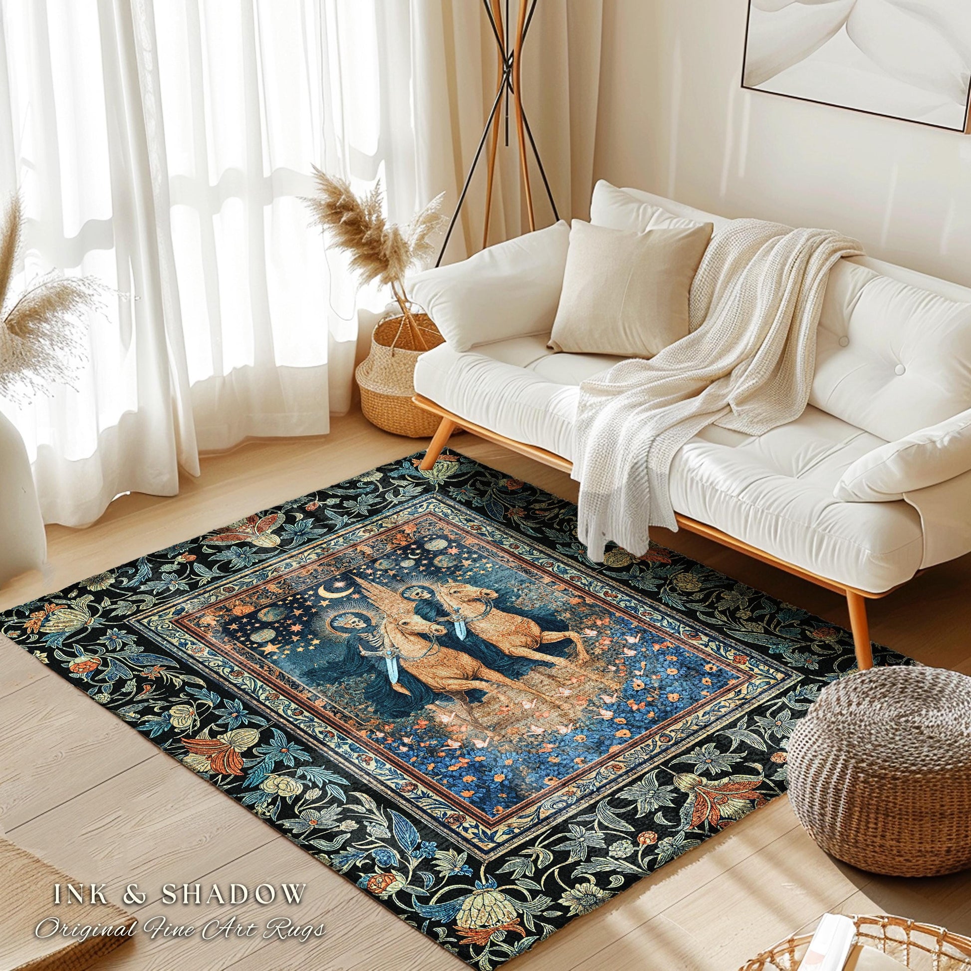 Dark Academia Skeleton Horsemen Rug | Baroque Bedroom Gothic Castle Macabre Floral Fantasy Aesthetic Celestial Moonlit Bedroom Accent Dreamy