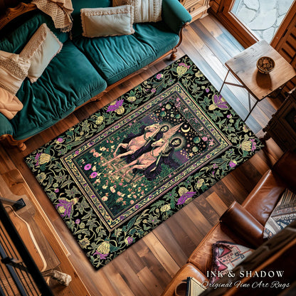 Floral Haunted Garden Skeleton Area Rug | Macabre Baroque Fantasy Aesthetic Gothic Horsemen Celestial Lovers Dark Fairytale Bedroom Accent |