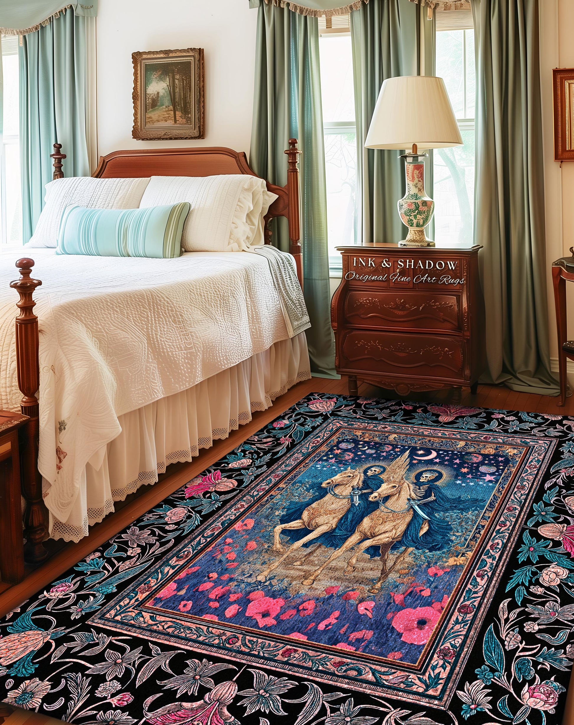Poppy Field Skeleton Couple Area Rug | Floral Baroque Castle Aesthetic Celestial Horsemen Gothic Lovers Fantasy Bedroom Accent Mystic Decor