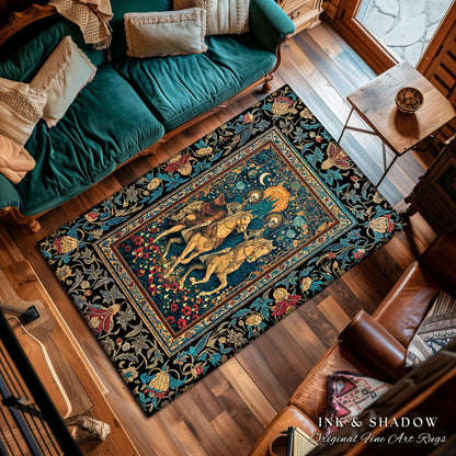 Golden Starlight Skeleton Accent Rug | Baroque Gothic Garden Castle Scene Celestial Horsemen Dreamy Floral Fantasy Macabre Couple Home Decor