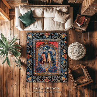 Rose Archway Horseback Skeletons Area Rug | Celestial Moonlit Gothic Romance Moonlight Baroque Floral Couple Regal Bedroom Accent Whimsical