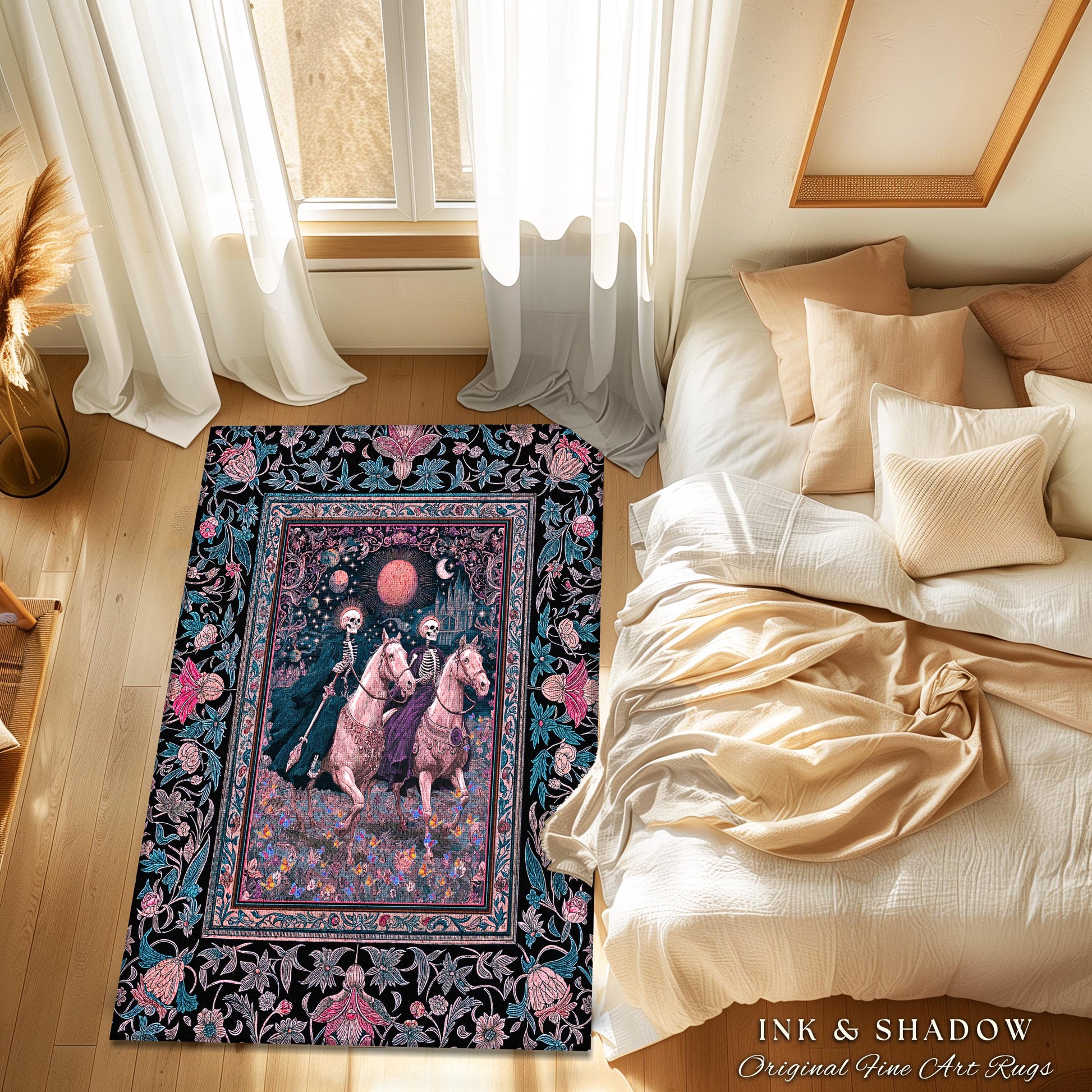 Dreamy Gothic Pastel Skeleton Rug | Celestial Horseman Baroque Fairytale Fantasy Whimsical Macabre Floral Bedroom Accent Mystic Home Decor |