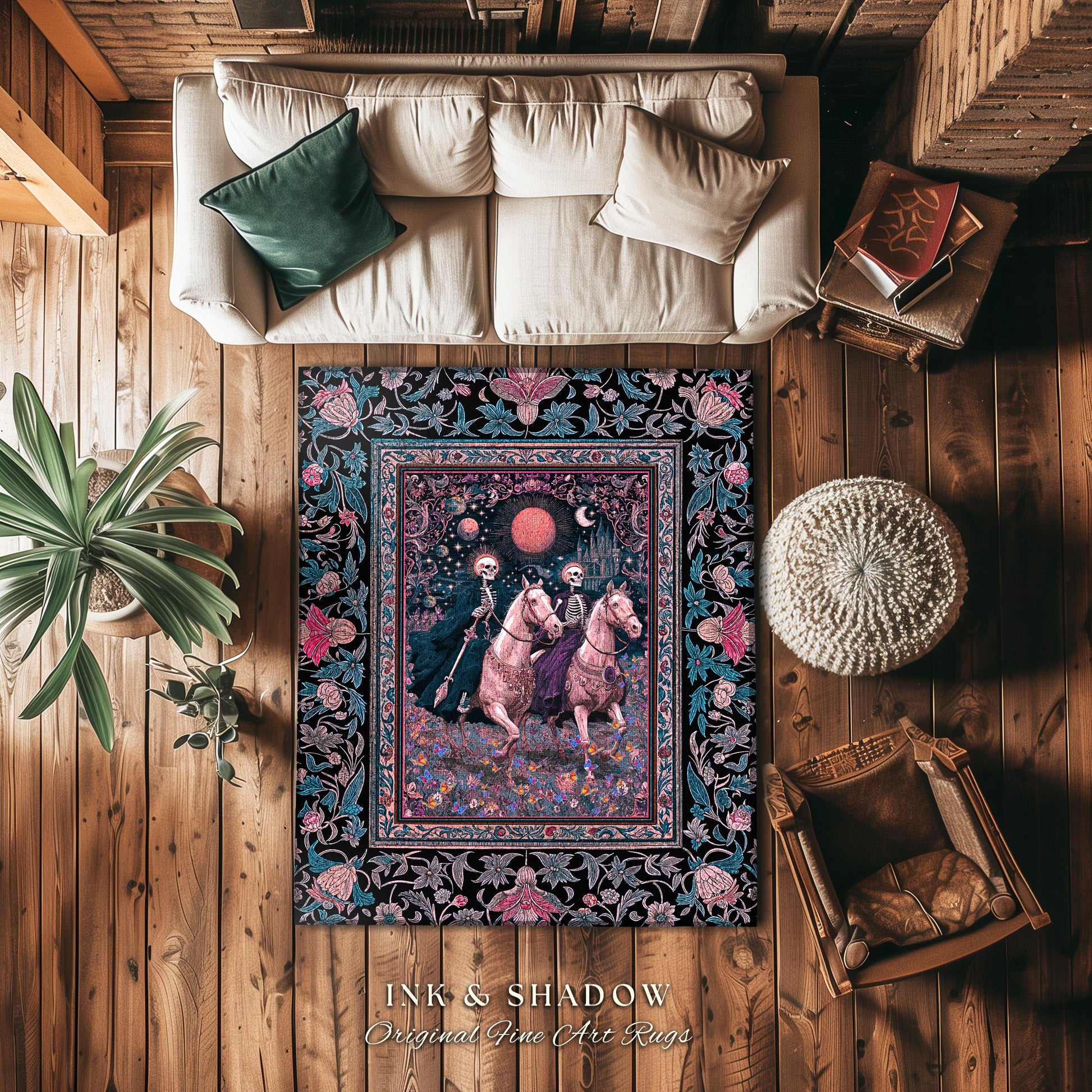 Dreamy Gothic Pastel Skeleton Rug | Celestial Horseman Baroque Fairytale Fantasy Whimsical Macabre Floral Bedroom Accent Mystic Home Decor |
