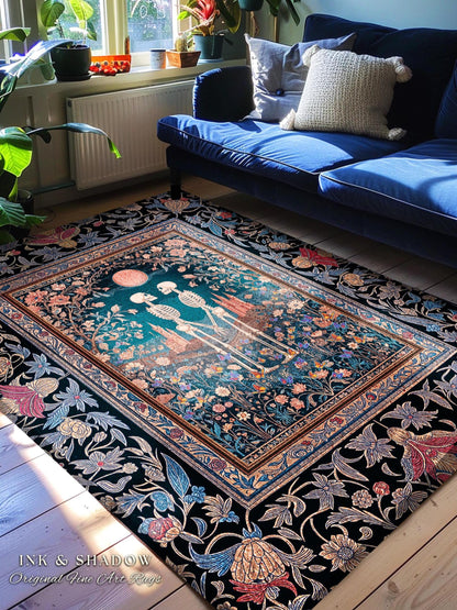 Whimsigoth Botanical Skeleton Rug | Autumn Aesthetic Baroque Bedroom Dark Cottagecore Indie Decor Fantasy Castle Floral Accent Tarot Lovers