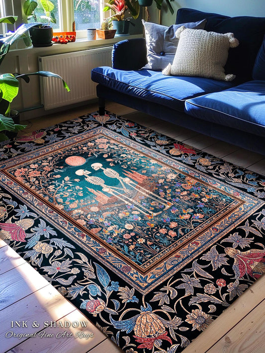 Whimsigoth Botanical Skeleton Rug | Autumn Aesthetic Baroque Bedroom Dark Cottagecore Indie Decor Fantasy Castle Floral Accent Tarot Lovers