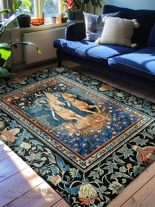 Dark Academia Skeleton Horsemen Rug | Baroque Bedroom Gothic Castle Macabre Floral Fantasy Aesthetic Celestial Moonlit Bedroom Accent Dreamy