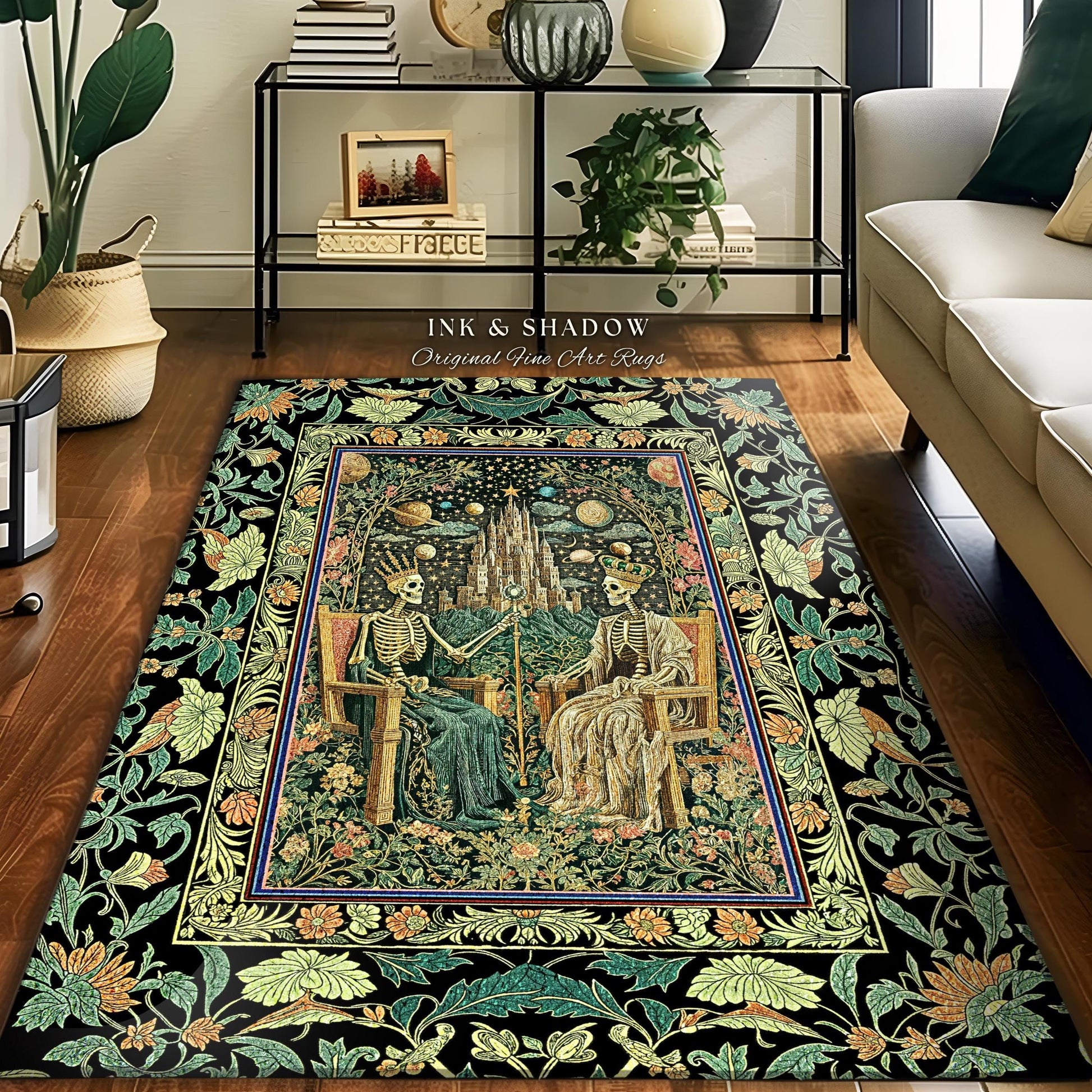 Castle Skeleton Couple Gothic Rug | Regal Regency Victorian Baroque King and Queen Skeletons Celestial Fantasy Mystical Accent Macabre Vibe