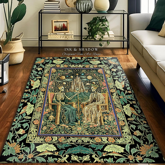 Castle Skeleton Couple Gothic Rug | Regal Regency Victorian Baroque King and Queen Skeletons Celestial Fantasy Mystical Accent Macabre Vibe