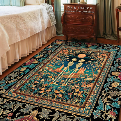 Folk Art Skeleton Lovers Floral Rug | Cottagecore Witchy Aesthetic Moon Fairytale Wildflower Romantic Gothic Castle Fantasy Bedroom Accent |