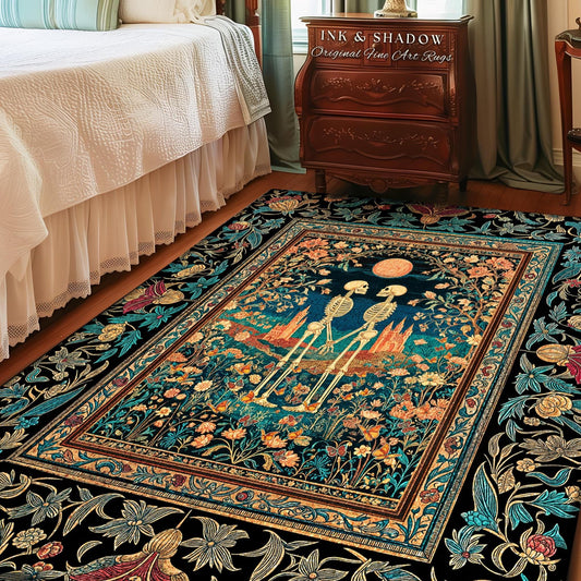 Folk Art Skeleton Lovers Floral Rug | Cottagecore Witchy Aesthetic Moon Fairytale Wildflower Romantic Gothic Castle Fantasy Bedroom Accent |