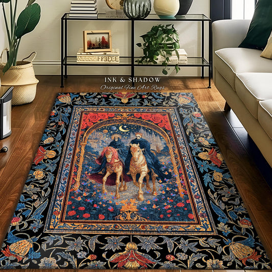 Rose Archway Horseback Skeletons Area Rug | Celestial Moonlit Gothic Romance Moonlight Baroque Floral Couple Regal Bedroom Accent Whimsical
