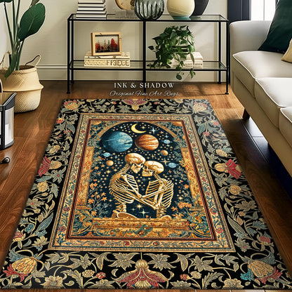 Skeleton Embrace Cosmic Accent Rug | Celestial Fantasy Bedroom Decor Baroque-Inspired Gothic Mystic Enchanted Macabre Couple Romance Cosmic