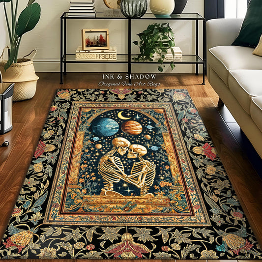 Skeleton Embrace Cosmic Accent Rug | Celestial Fantasy Bedroom Decor Baroque-Inspired Gothic Mystic Enchanted Macabre Couple Romance Cosmic