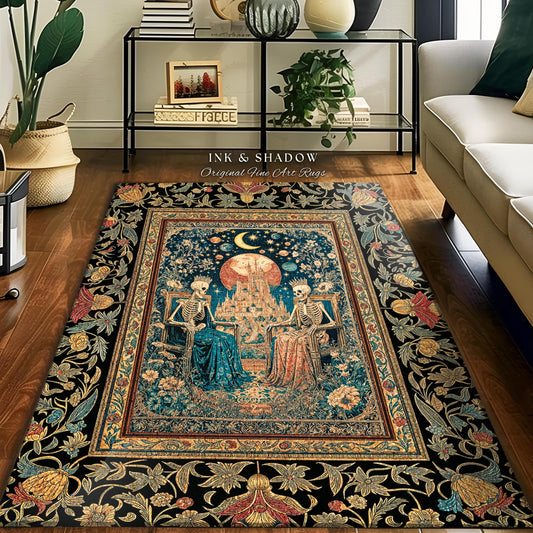 Golden Garden Skeleton Couple Rug | Celestial Gothic Lovers Moonlit Romance Baroque Floral Gothic Fairytale Magic Bedroom Accent Rug Mystic