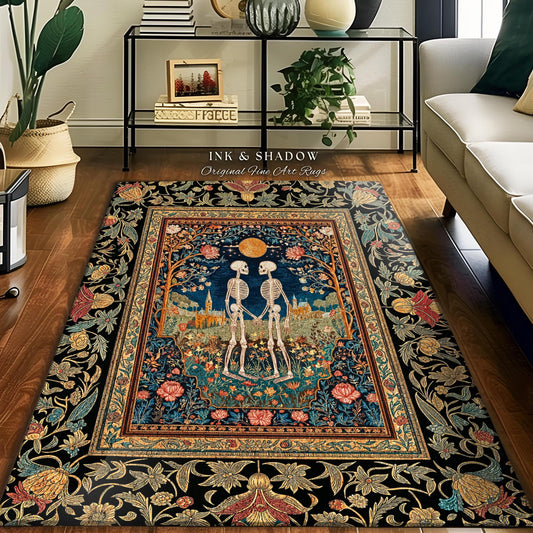 Cute Romantic Skeleton Gothic Rug | Autumnal Florals Dark Academia Fairytale Castle Dark Magic Accent Baroque Cottagecore Lovers Whimsical