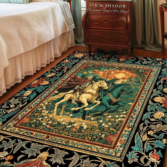 Fantasy Aesthetic Skeleton Riders Rug | Haunted Horsemen Royal Celestial Golden Maximalist Baroque Macabre Bedroom Accent Whimsigothic Dorm