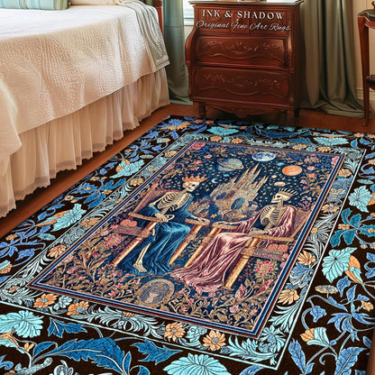 Moonlit Skeleton Lovers Celestial Accent Rug | Gothic Aesthetic Royal Romance Baroque Fantasy Cosmic Pastel Whimsical Bedroom Mystical Style