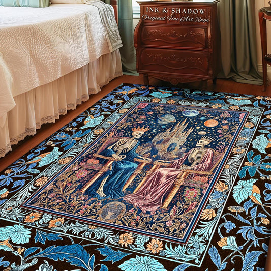 Moonlit Skeleton Lovers Celestial Accent Rug | Gothic Aesthetic Royal Romance Baroque Fantasy Cosmic Pastel Whimsical Bedroom Mystical Style