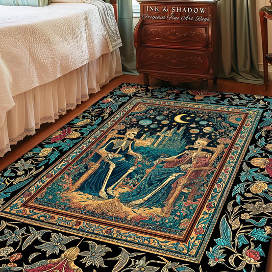 Starlit Skeleton Lovers Celestial Rug | Gothic Castle Whimsigothic Romance Cosmic Sky Baroque Magical King and Queen Bedroom Accent Moonlit