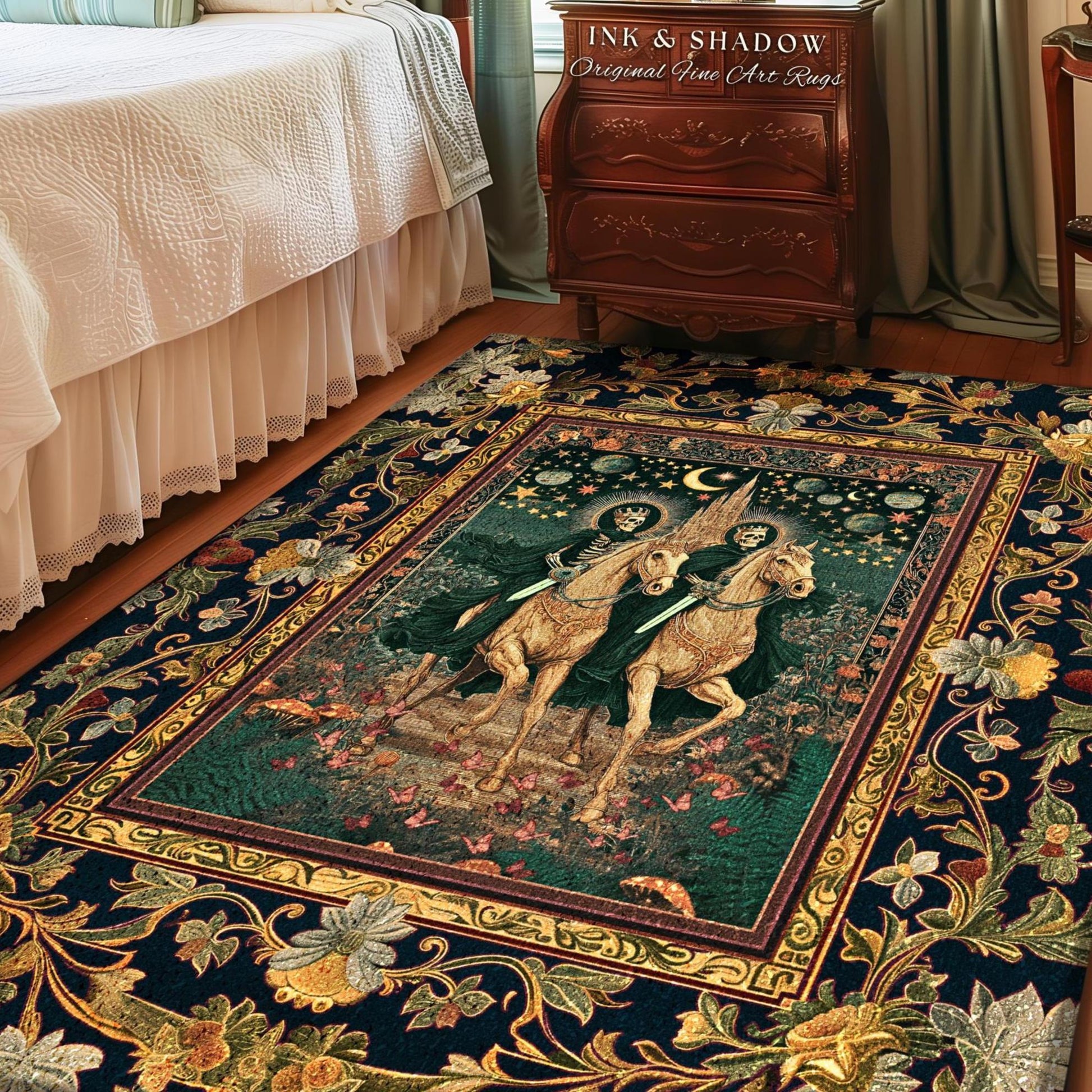Skeleton Horsemen Mystic Area Rug | Haunted Forest Skeleton Riders Castle Dreamy Haunted Bedroom Accent Fantasy Aesthetic Victorian Gothic |