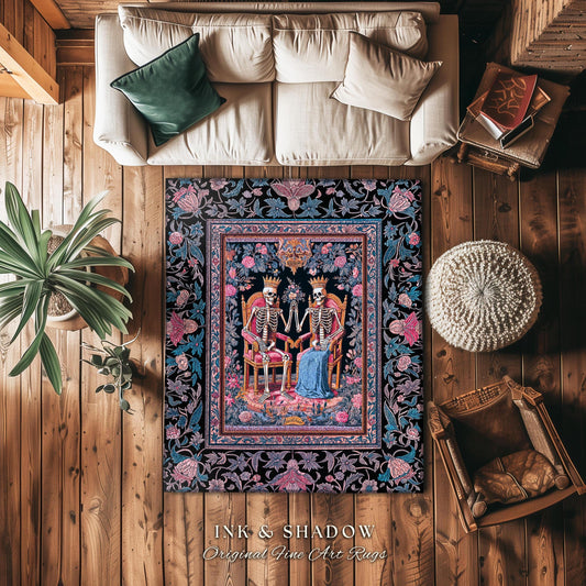 Rose Garden Skeleton Couple Area Rug | Baroque Aesthetic Renaissance Gothic Fairytale Magic Royal Theme Floral Castle Decor Celestial Accent