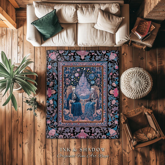 Celestial Skeleton Lovers Gothic Rug | Dark Academia Castle Fantasy Whimsigothic Fairytale Floral Magic Aesthetic Bedroom Pastel Witchy |