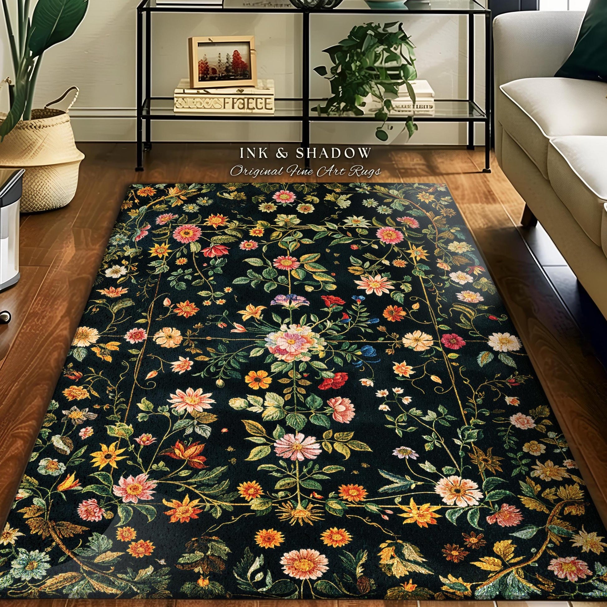 Vintage Dark Academia Wildflower Rug | Floral Aesthetic Ornate Gothic Home Decor Whimsical Rustic Housewarming Gift Ethereal Dark Academia