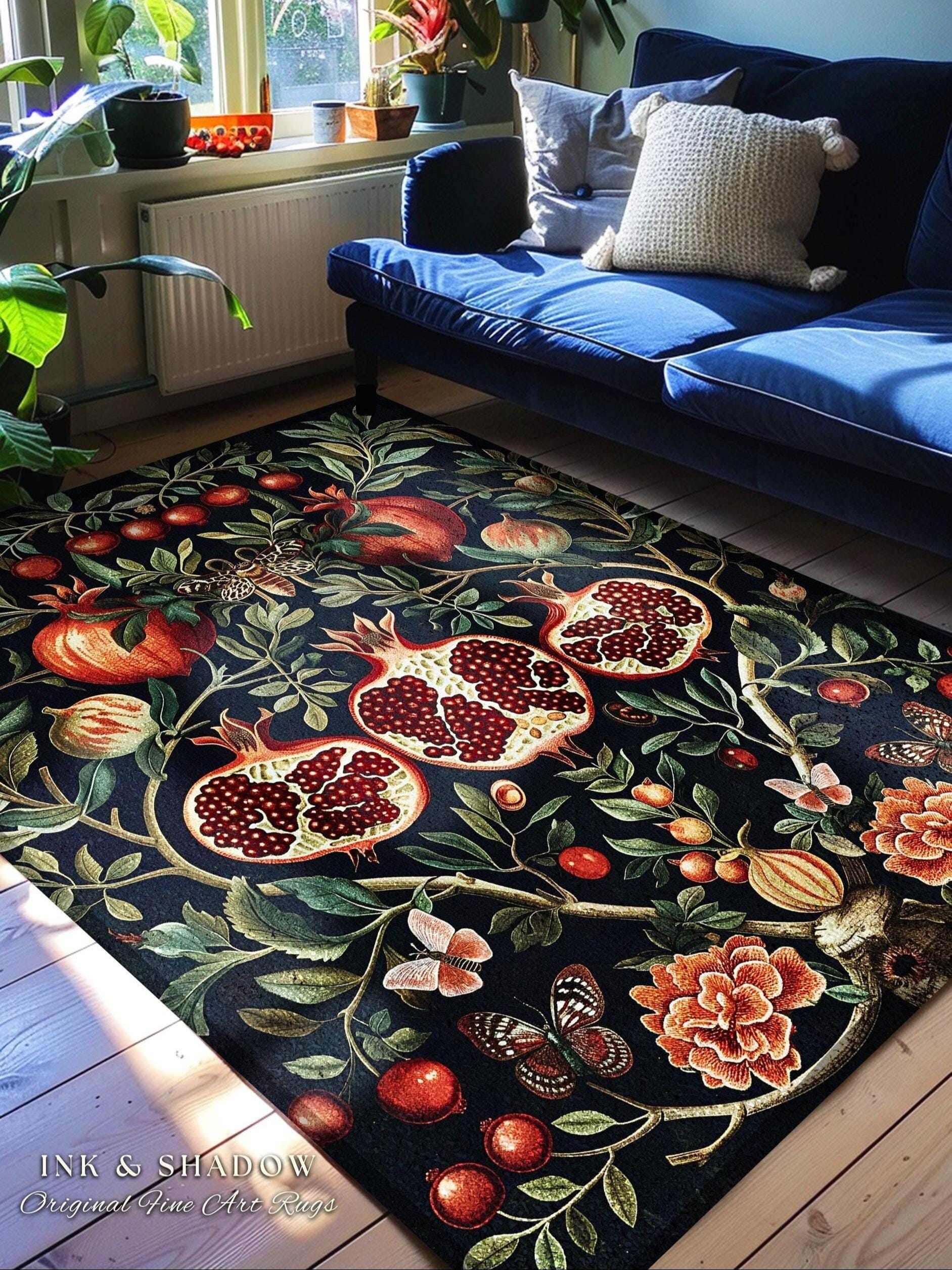 Botanical Pomegranate Enchanted Floral Whimsigothic Rug | Dark Academia Woodland Gothic Vintage Butterfly Moth Art Cottagegoth Occult Decor