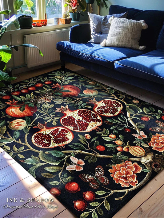 Botanical Pomegranate Enchanted Floral Whimsigothic Rug | Dark Academia Woodland Gothic Vintage Butterfly Moth Art Cottagegoth Occult Decor