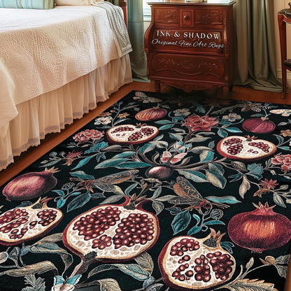 Woodland Gothic Pomegranate Botanical Rug Enchanted Forest Nature Butterfly Decor, Romantic Baroque Whimsical Forestcore Floral Cottagecore