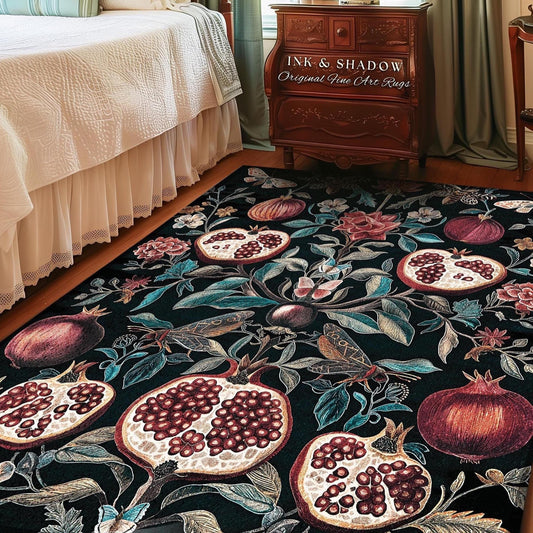 Woodland Gothic Pomegranate Botanical Rug Enchanted Forest Nature Butterfly Decor, Romantic Baroque Whimsical Forestcore Floral Cottagecore