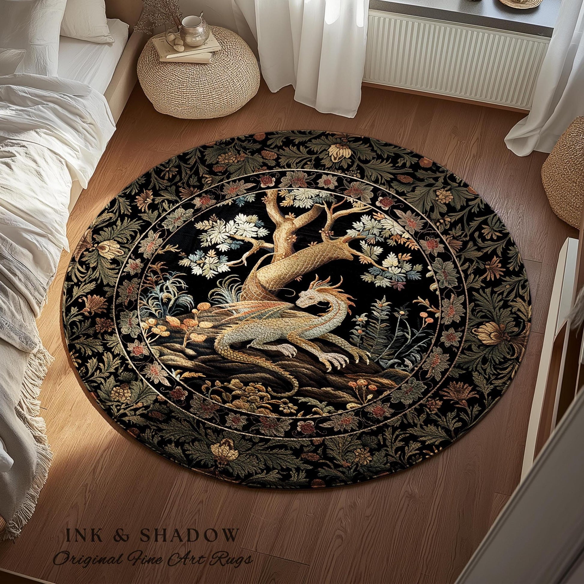 Dragon Aesthetic Botanical Round Rug | Dark Academia Room Decor Fairytale Inspired Nursery Gift Dark Cottagecore Fairycore Mystic Game Room