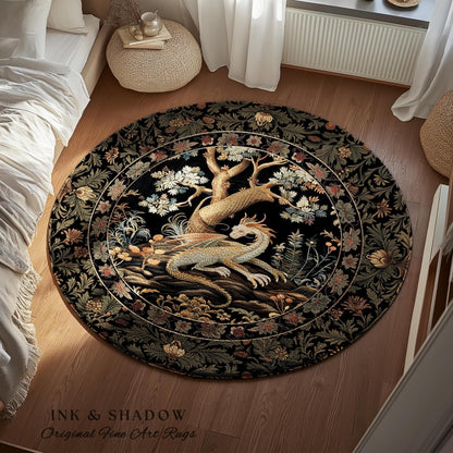 Dragon Aesthetic Botanical Round Rug | Dark Academia Room Decor Fairytale Inspired Nursery Gift Dark Cottagecore Fairycore Mystic Game Room