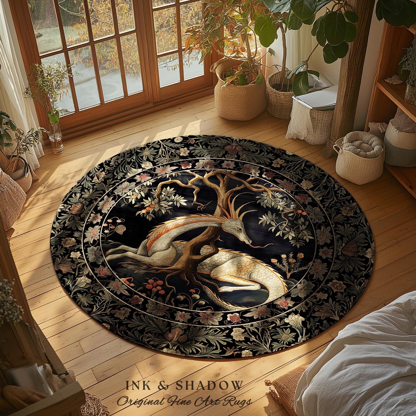 Forest Spirit Round Area Rug | Dark Cottagecore Gothic Book Nook Decor Fairy Core Bedroom Magical Dragon Aesthetic Maximalist Game Room Rug