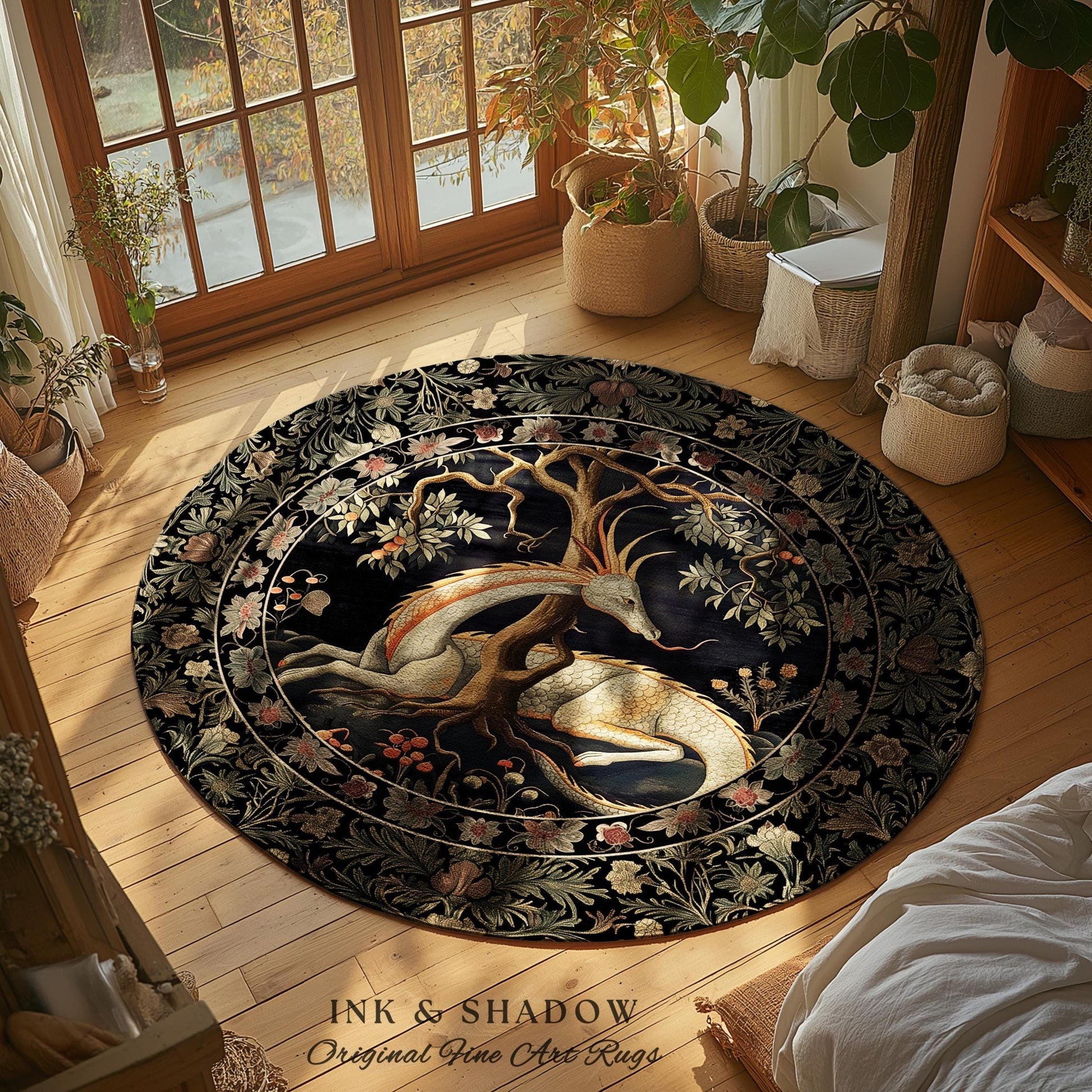 Forest Spirit Round Area Rug | Dark Cottagecore Gothic Book Nook Decor Fairy Core Bedroom Magical Dragon Aesthetic Maximalist Game Room Rug