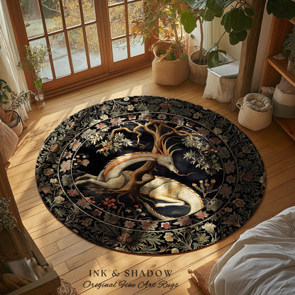 Forest Spirit Round Area Rug | Dark Cottagecore Gothic Book Nook Decor Fairy Core Bedroom Magical Dragon Aesthetic Maximalist Game Room Rug