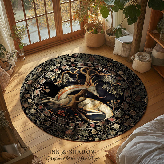 Forest Spirit Round Area Rug | Dark Cottagecore Gothic Book Nook Decor Fairy Core Bedroom Magical Dragon Aesthetic Maximalist Game Room Rug