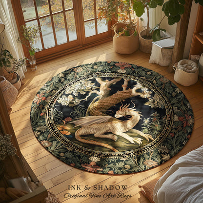 Dark Medieval Dragon Aesthetic Round Area Rug | Folklore Room Decor Fairytale Inspired DnD Gift Dark Cottagecore Fairycore Game Room Decor