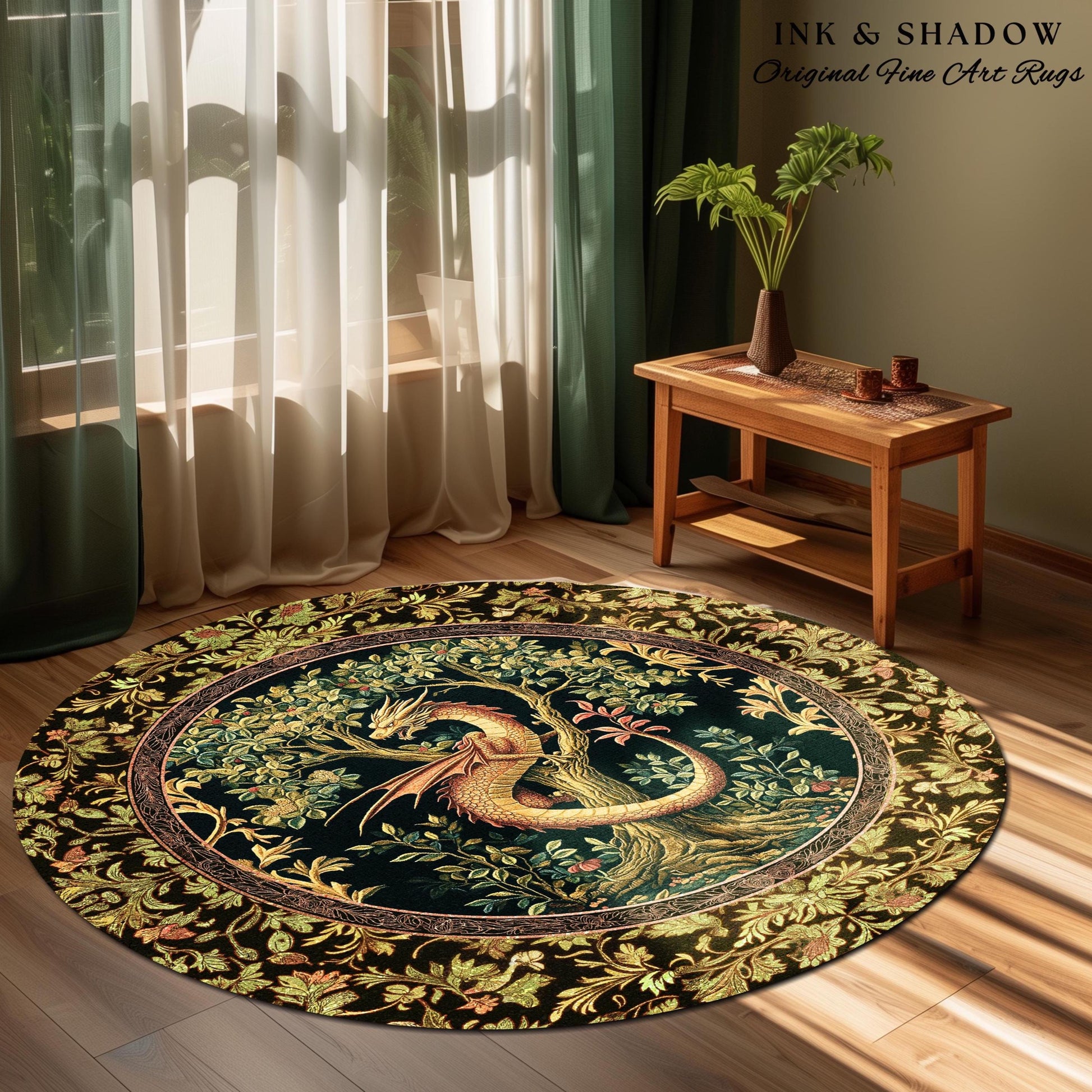 Ornate Victorian Gothic Round Dragon Area Rug Enchanted Baroque Medieval Forestcore | Mystic Vintage Fantasy Forest Whimsical Woodland Decor