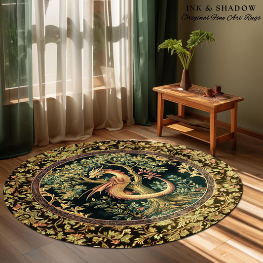 Ornate Victorian Gothic Round Dragon Area Rug Enchanted Baroque Medieval Forestcore | Mystic Vintage Fantasy Forest Whimsical Woodland Decor