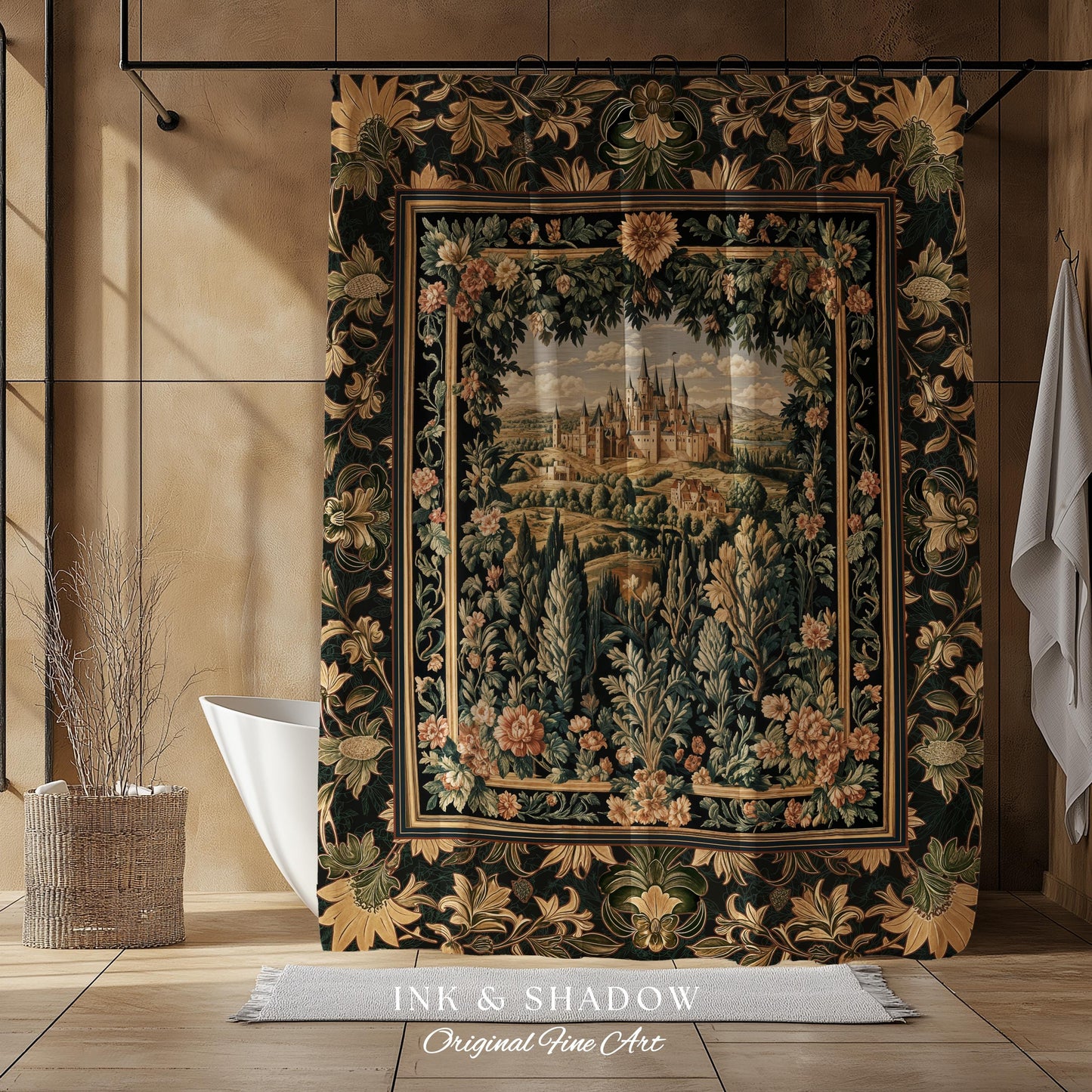 Dark Academia Victorian Royal Shower Curtain | Fantasy Bathroom Decor Woodland Princess Medieval Rustic Floral Landscape Coquette Maximalist