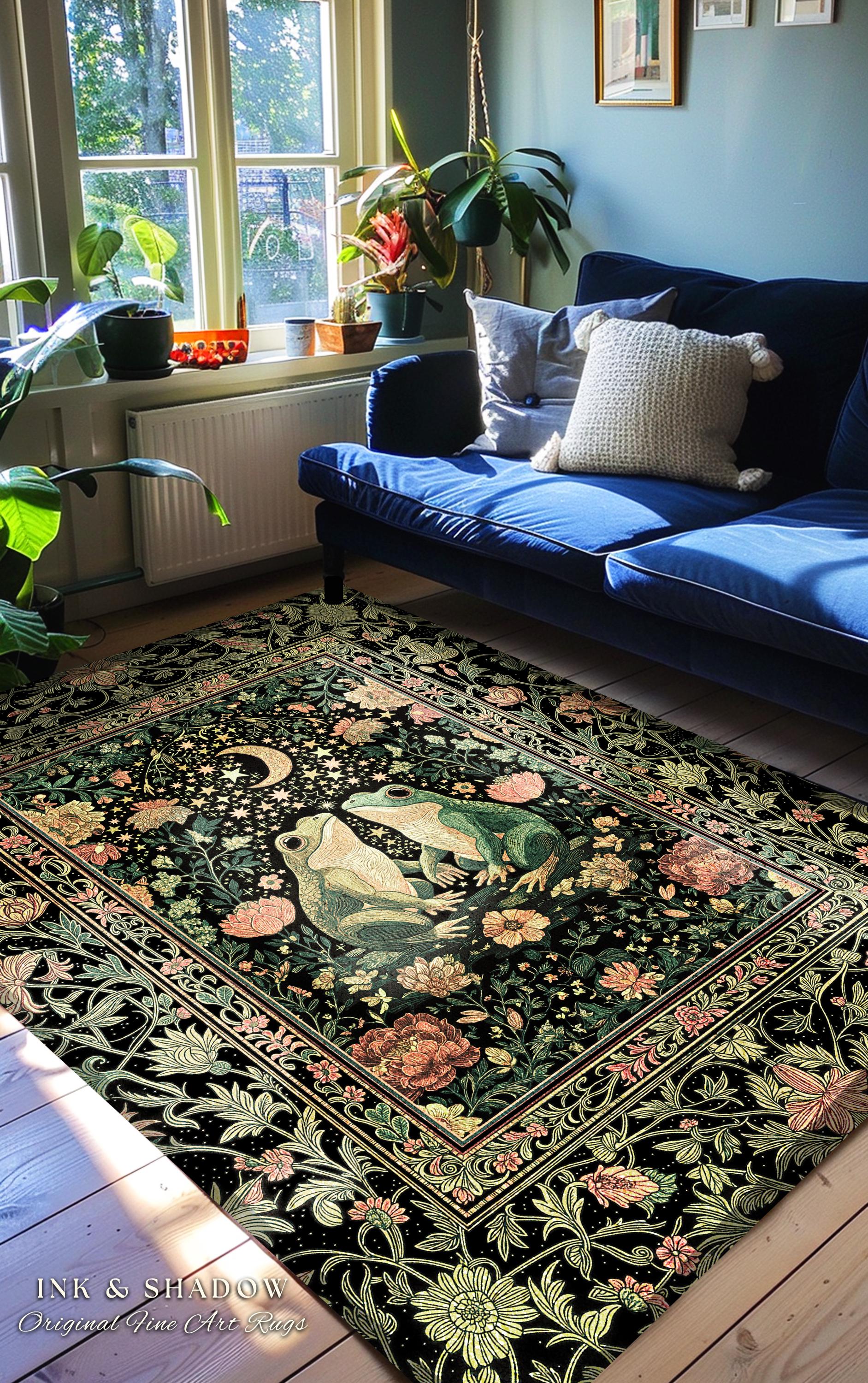 Moonlit Celestial Frog Lovers Area Rug | Fairycore Bedroom Accent Folklore Enchanted Forest Fairy Inspired Decor Cottagecore Whimsy Floral |