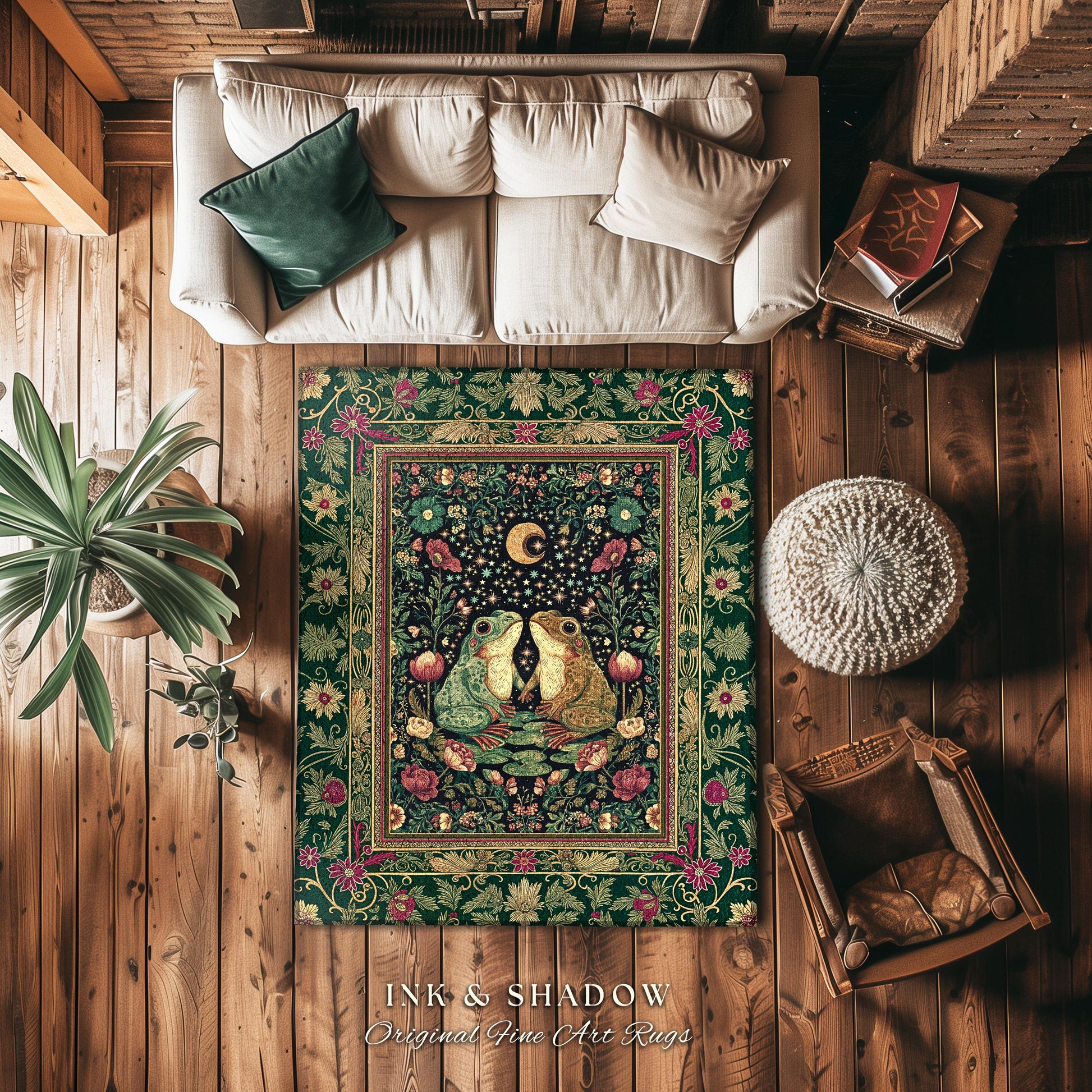 Whimsical Floral Frog Area Rug | Fairycore Aesthetic Cottagecore Accent Frog Lovers Gift Magical Botanical Aesthetic Whimsigoth Witchy Room