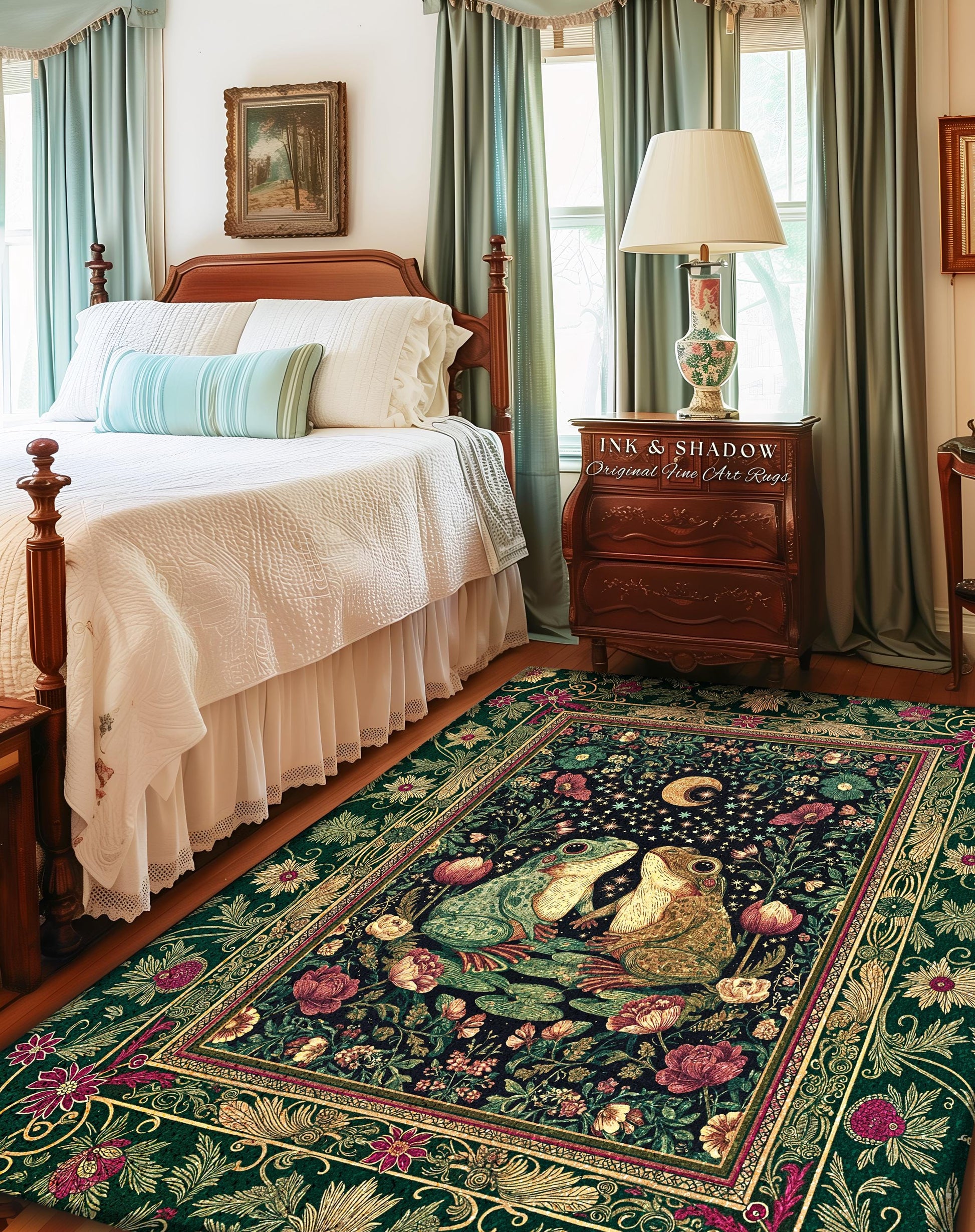 Whimsical Floral Frog Area Rug | Fairycore Aesthetic Cottagecore Accent Frog Lovers Gift Magical Botanical Aesthetic Whimsigoth Witchy Room