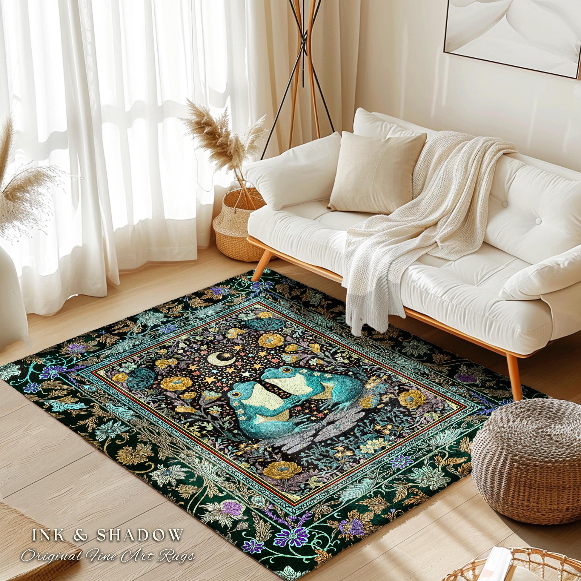 Frog and Toad Celestial Area Rug | Dark Cottagecore Whimsigoth Aesthetic Goblincore Bedroom Mystic Theme Enchanted Forest Botanical Folklore