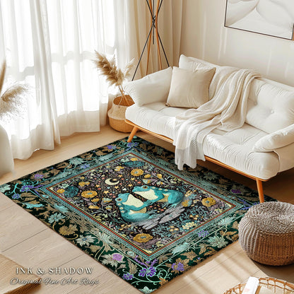 Frog and Toad Celestial Area Rug | Dark Cottagecore Whimsigoth Aesthetic Goblincore Bedroom Mystic Theme Enchanted Forest Botanical Folklore